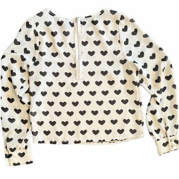 H&M Long Sleeve Cream Blouse with Black Hearts Size 2 - Picture 2 of 4